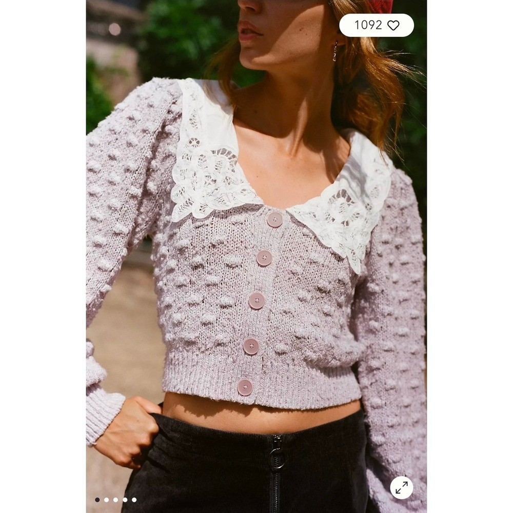 Anthropologie Lavender Bobble Knit Lace Collar Cropped Cardigan Sweater XS